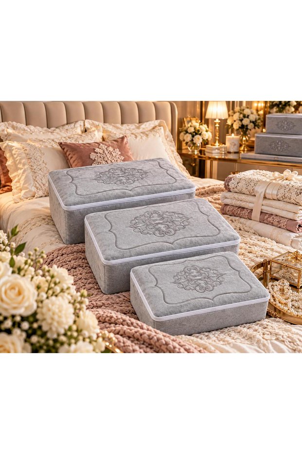 Dowry Box Velvet Gold Embroidered 3-Piece Bundle Engagement Bride Groom Gift Box 60X40, 40X40, 35X30