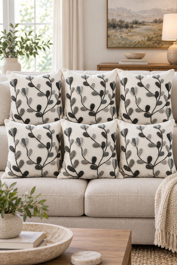 Punch Embroidery Pattern 3D Digital Printed Round Punch Patterned Gray Theme 4-Pack Cushion Covers