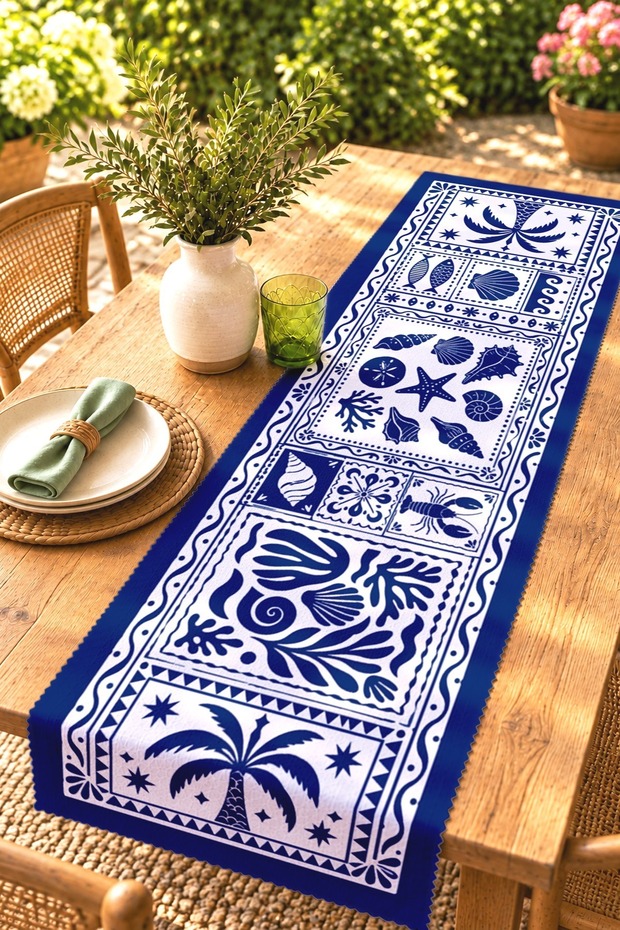Indigo Blue Seafood Patterned Runner/Tablecloth/Placemat