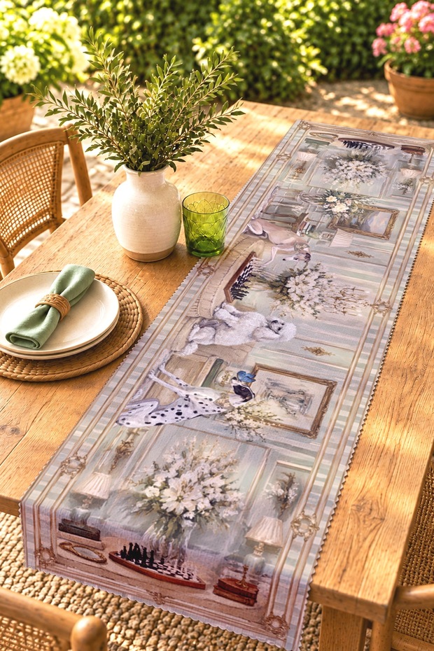 Dogs Playing Chess Patterned Runner / Tablecloth / Placemat