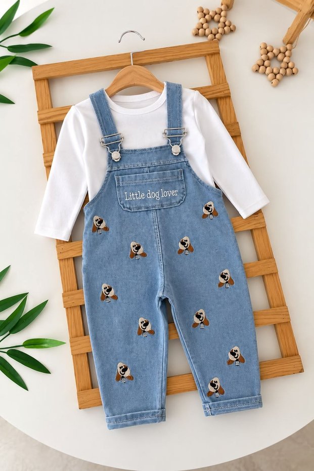 Dog Detailing Knitted Baby Boy Salopet Set - Blue