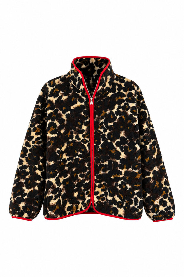 Premium Leopard Pattern Zippered Fleece - Brown Red