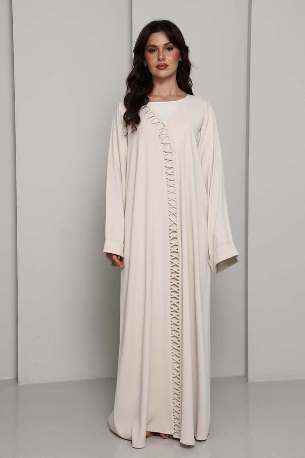 Ivory Open Abaya with Tonal Lattice Front Detailing