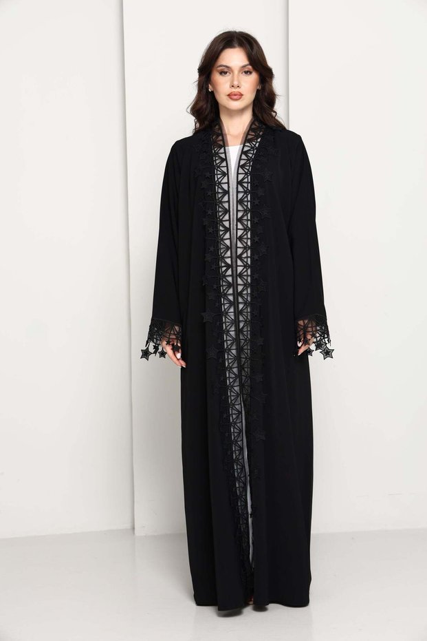 Designer Star Lace with Matching Headscarf Front Open Abaya