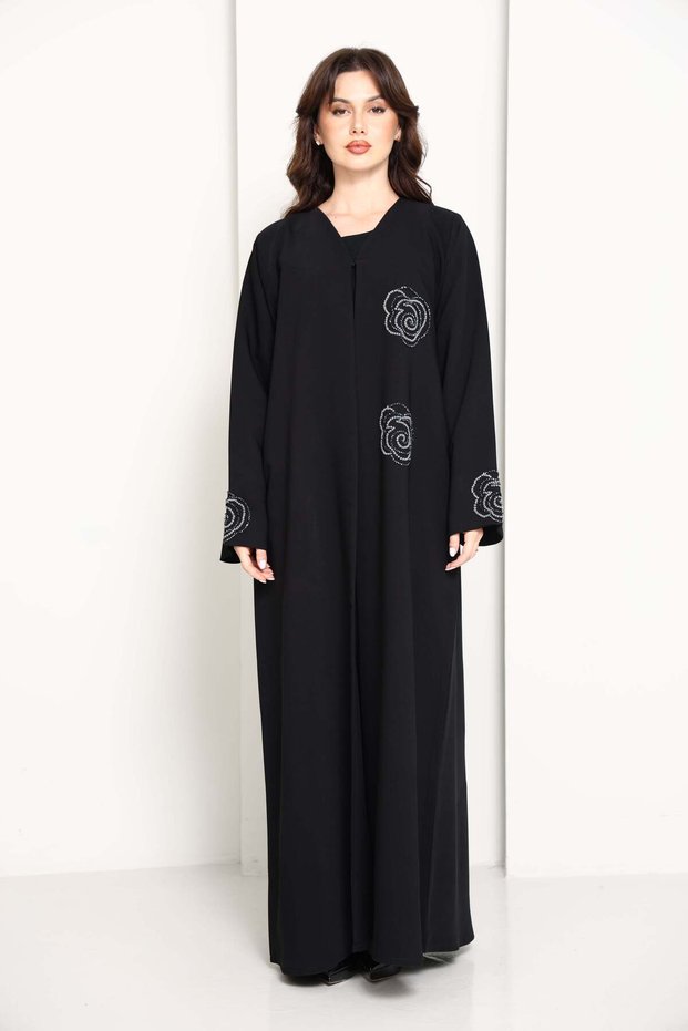 Jet Black Abaya with Hand-Placed Crystal Swirls