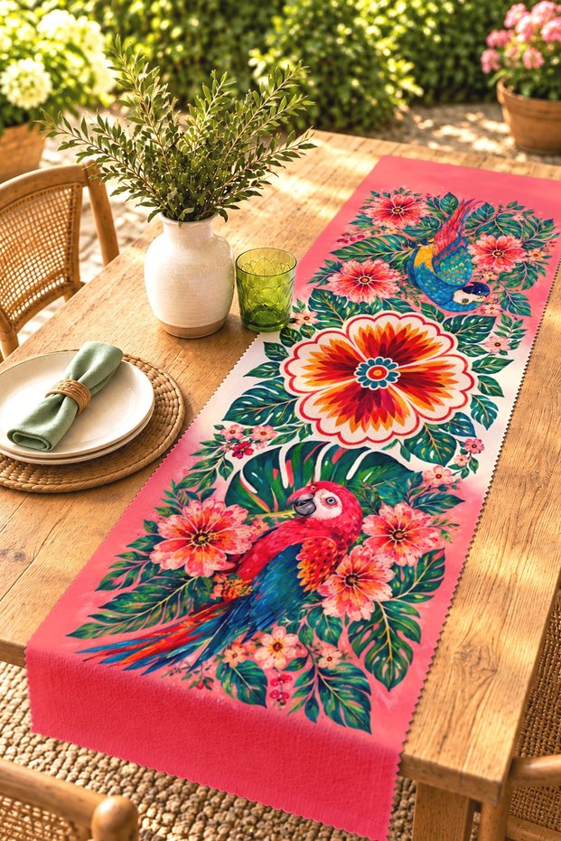 Botanical Parrot Patterned Runner / Tablecloth / Placemat