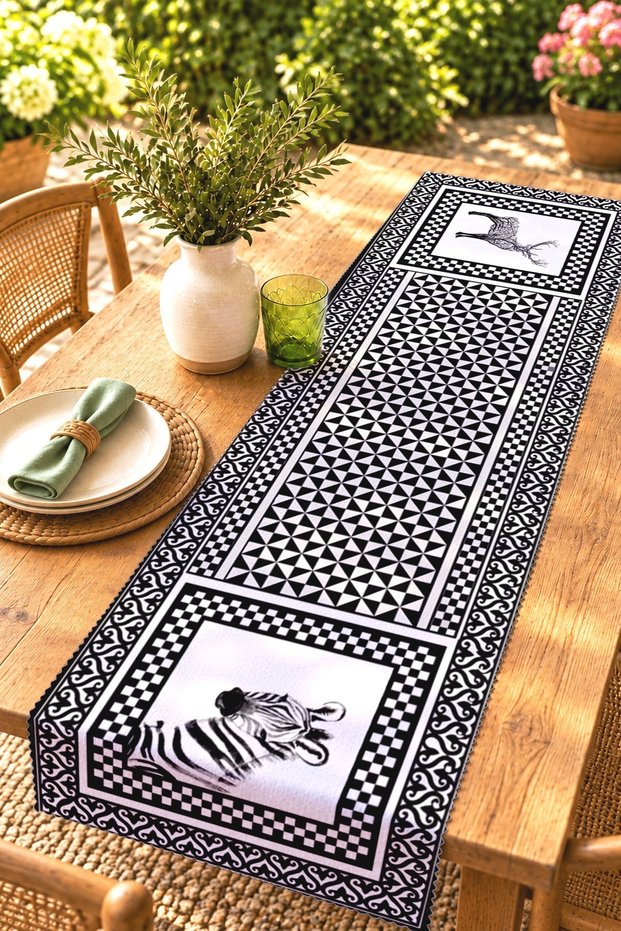 Black and White African Animals Patterned Runner/Tablecloth/Placemat