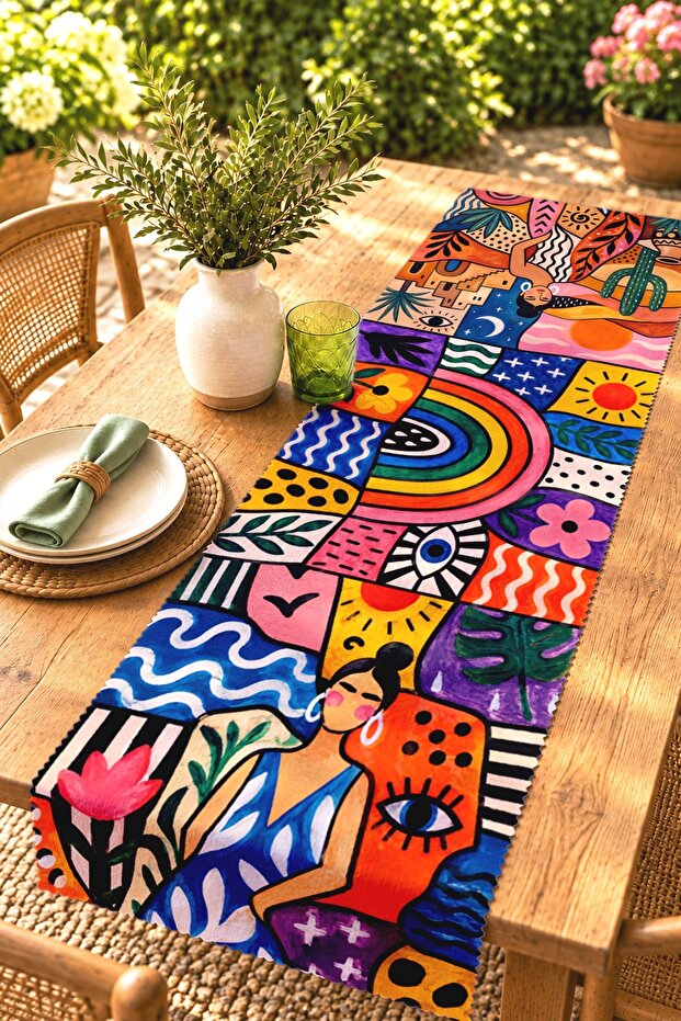 Most Abstract Colorful Girl Patterned Runner/Tablecloth/Placemat