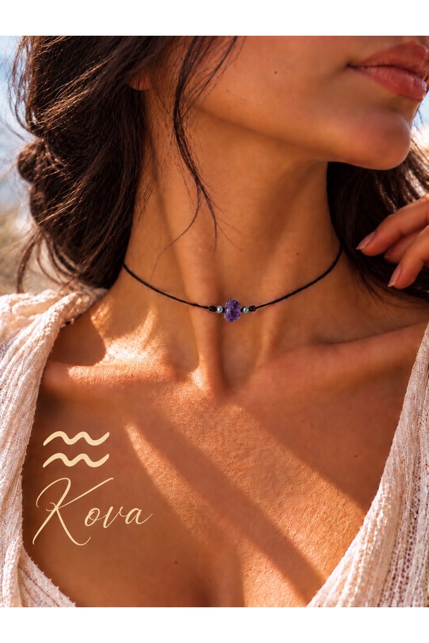 Aquarius Zodiac Sign Adjustable Necklace with Real Natural Amethyst Stone