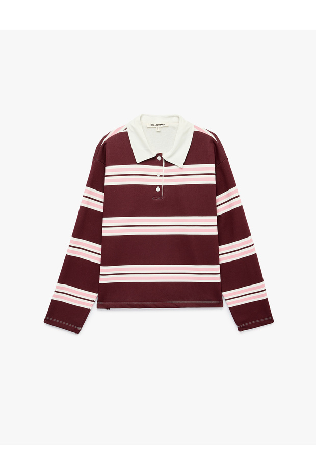 Comfortable Fit Long Sleeve Buttoned Striped Polo Collar Sweatshirt