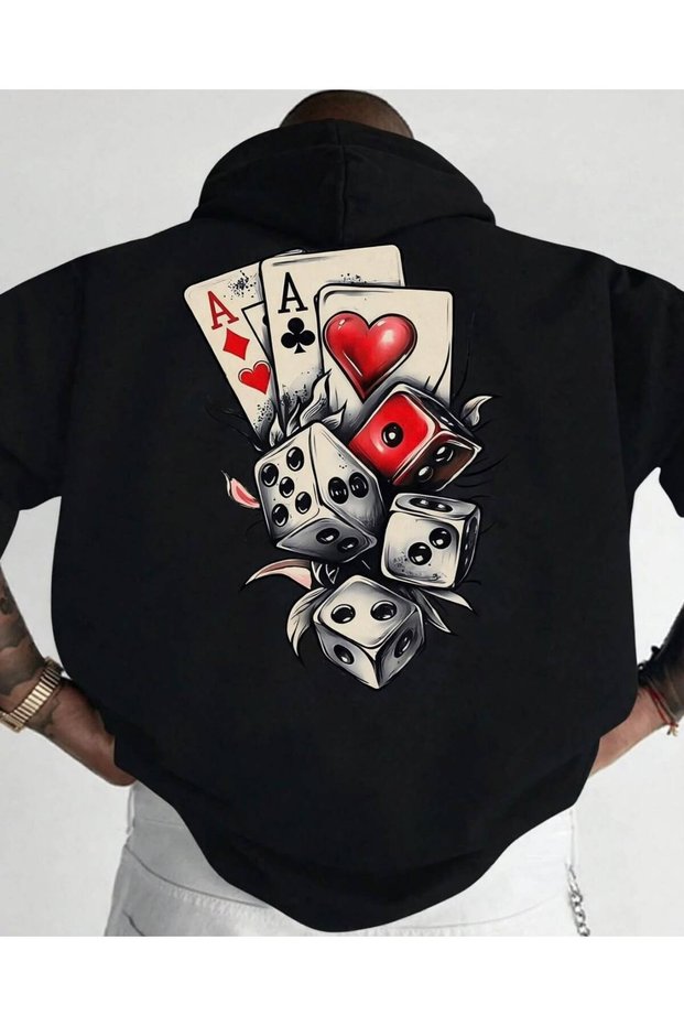 Men's Card Game Back Printed Hooded Sweatshirt