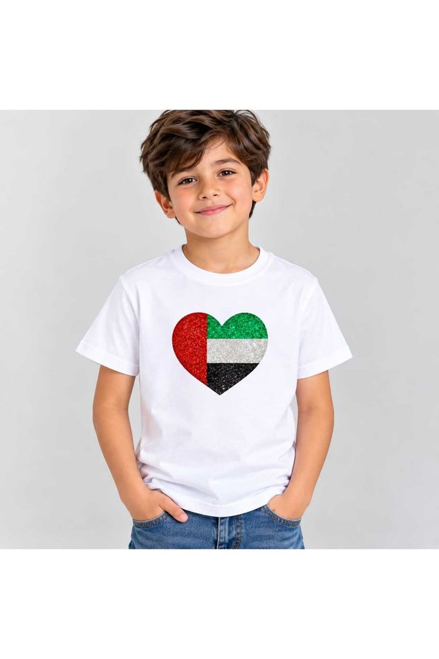 UAE Flag Glitter Heart Boys Girls National Day Unisex T-Shirt, 100% Cotton
