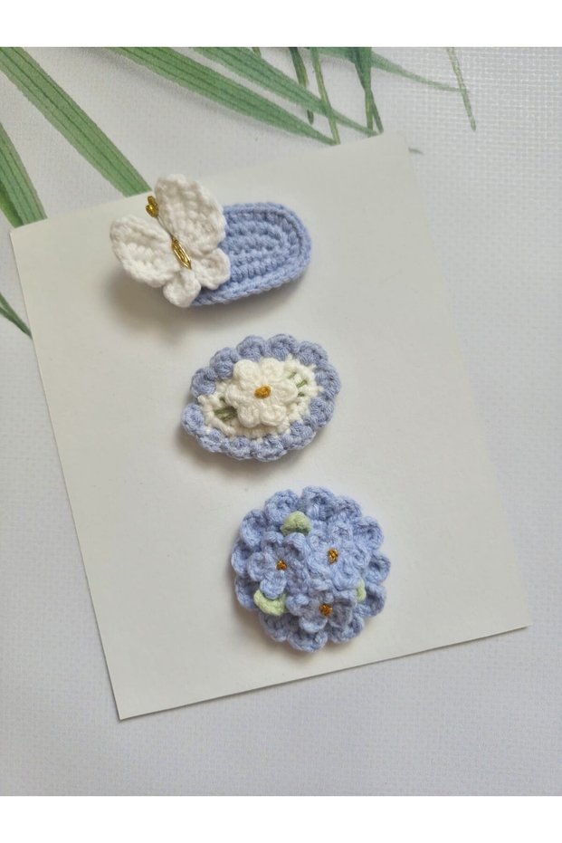 Blue Color Baby Gift Hairless or Low Hair Newborn Baby Hairpin 3-Piece Baby Mevlüt Gift Handmade Knitted Organic Baby Hair Accessories