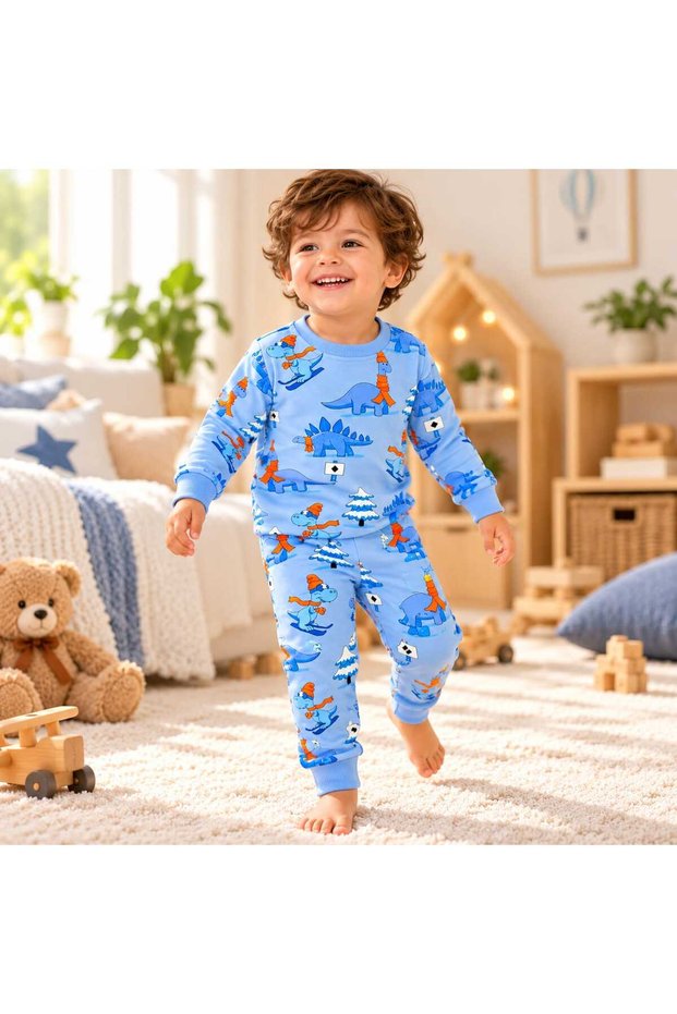 Boys Dinosaur Patterned Pajama Set Long Sleeve Kids Sleepwear