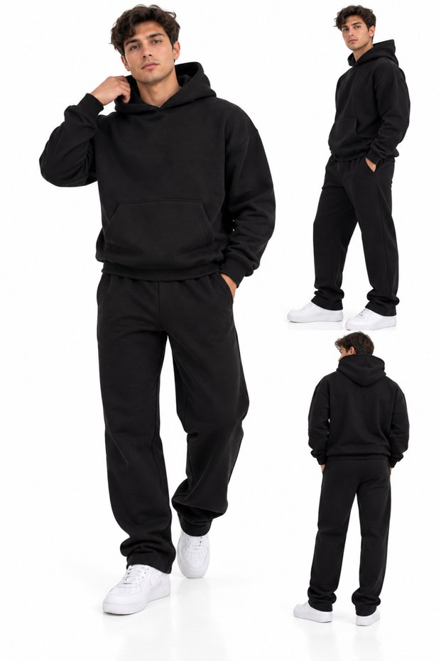Unprinted Top and Bottom Tracksuit-Hooded Sweatshirt Set Oversize Model