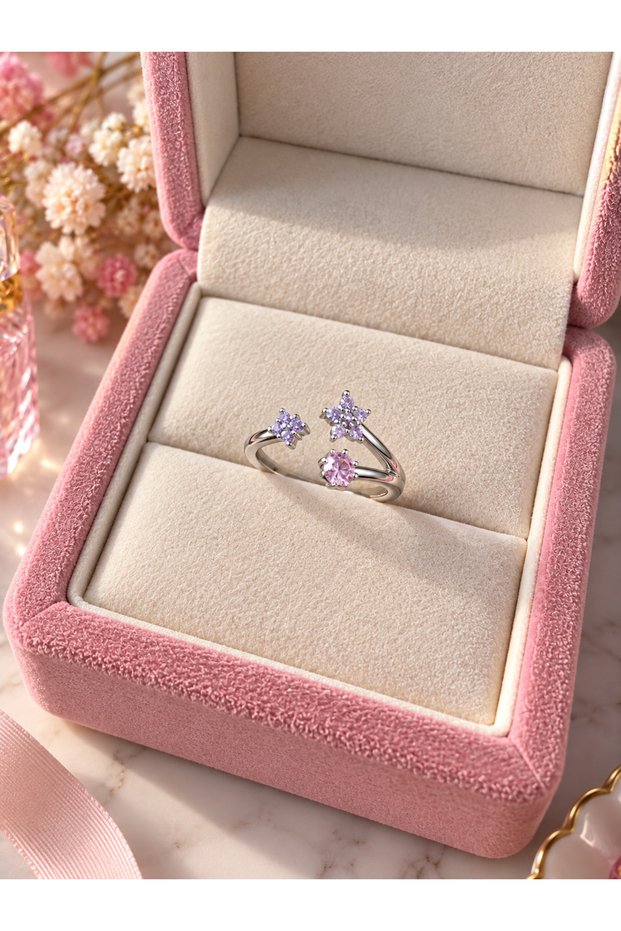 Silver Color Pink Purple Stone Flower Detailed Openable Adjustable Ring – Elegant Sparkling Women's Ring
