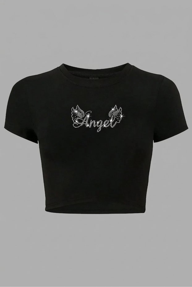 Women's Crystal Stone Printed Short Sleeve Crop T-Shirt
