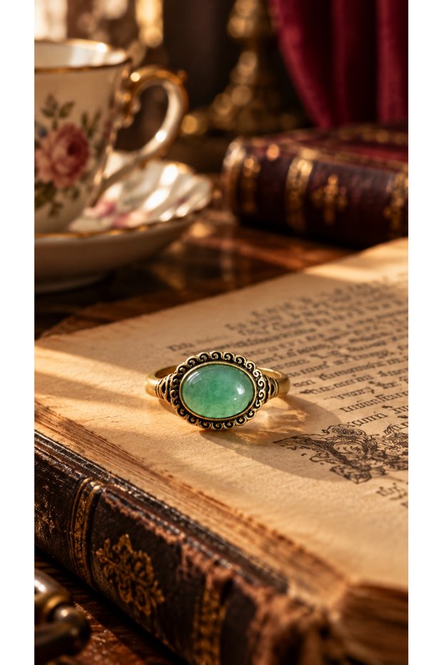 Adjustable Vintage Women's Copper Ring with Aventurine Natural Stone