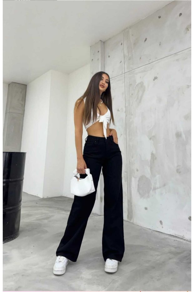 Black Palozzo Stretchy Comfortable Wide Leg Denim Trousers