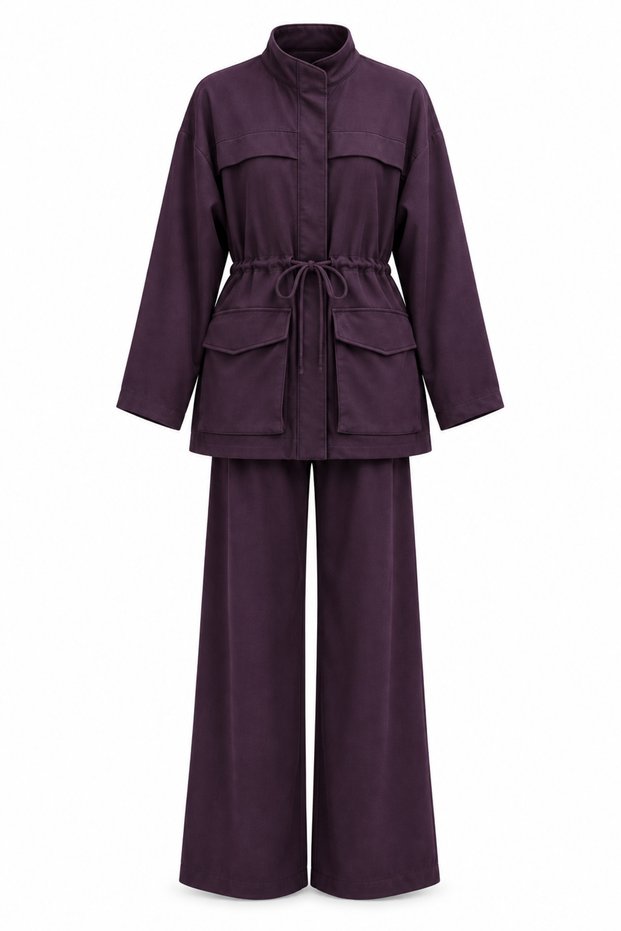 Women's 100% Modal Stand Collar Tie-Waist Pocketed Wide Leg Pants Set