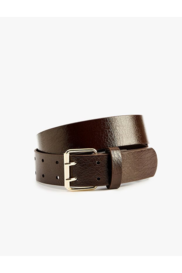 Faux Leather Belt with Metal Buckle and Double Hole Detail