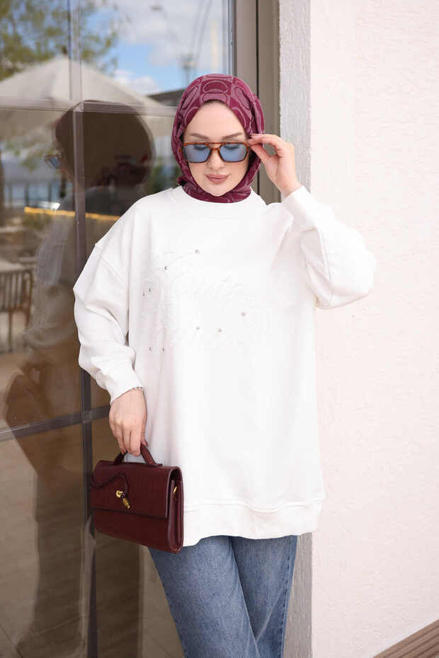 Ecru Bead Embroidered Two-Thread Sweatshirt