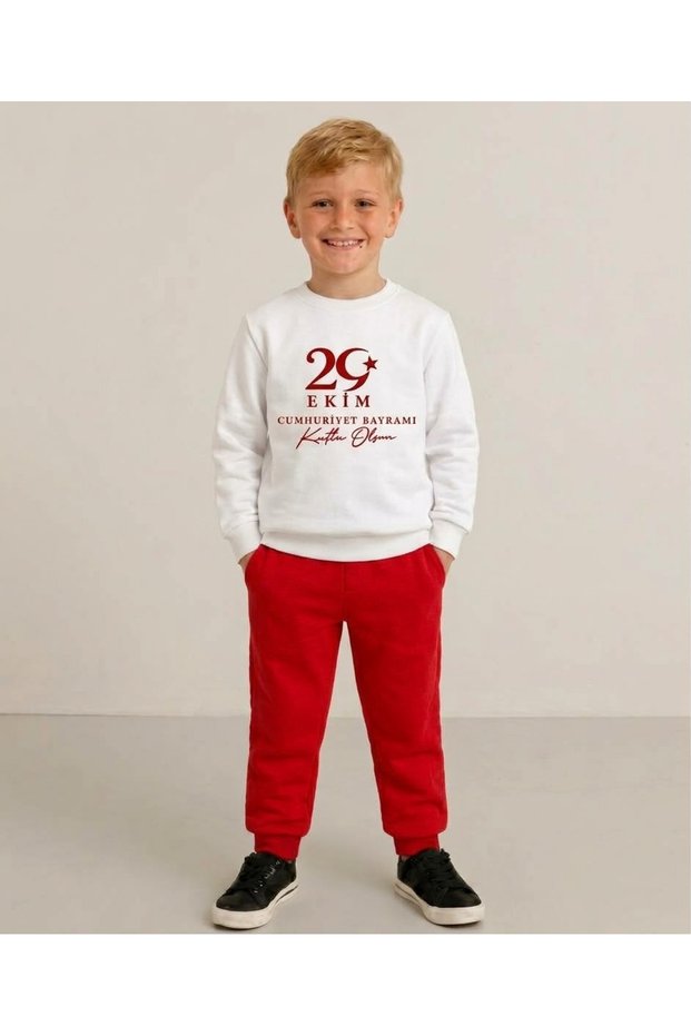 29 October Republic Day Printed Children's Tracksuit Set with Star and Moon Detail Top and Bottom Set