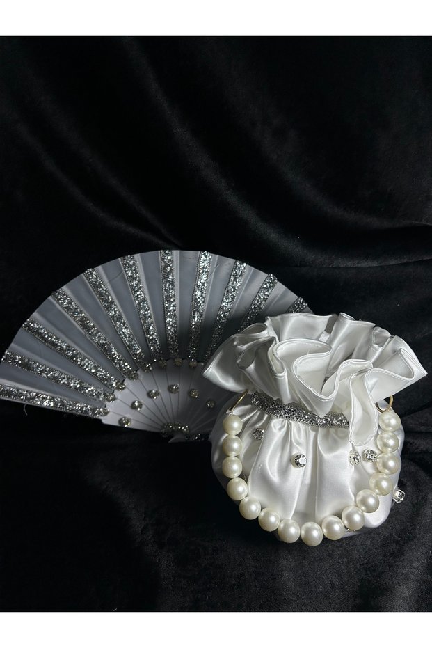 Bridal Set with Shiny Stones, Bridal Bag and Bridal Fan