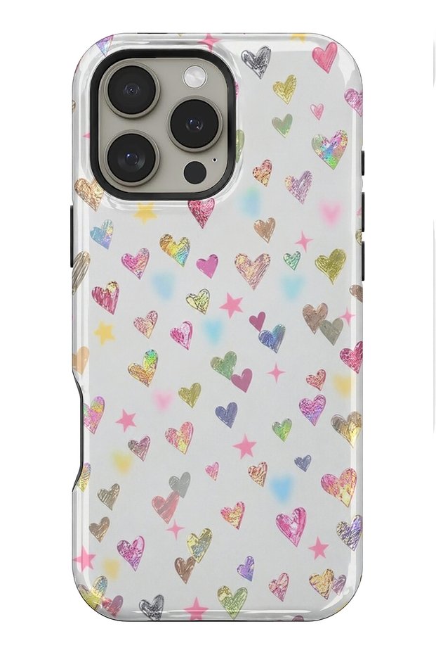 Compatible with iPhone 15 Pro - Colorful Shiny Hearts, Double Layer Cover, Glossy Surface Protective Case