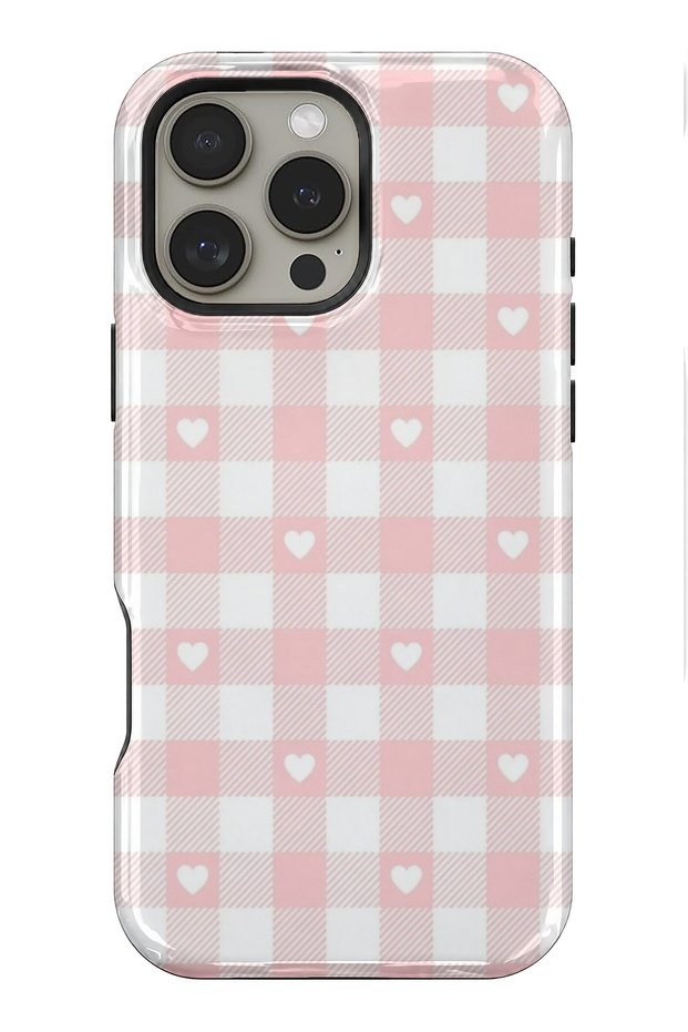 Compatible with iPhone 15 Pro - Pink Gingham, Double Layer Cover, Glossy Surface Protective Case