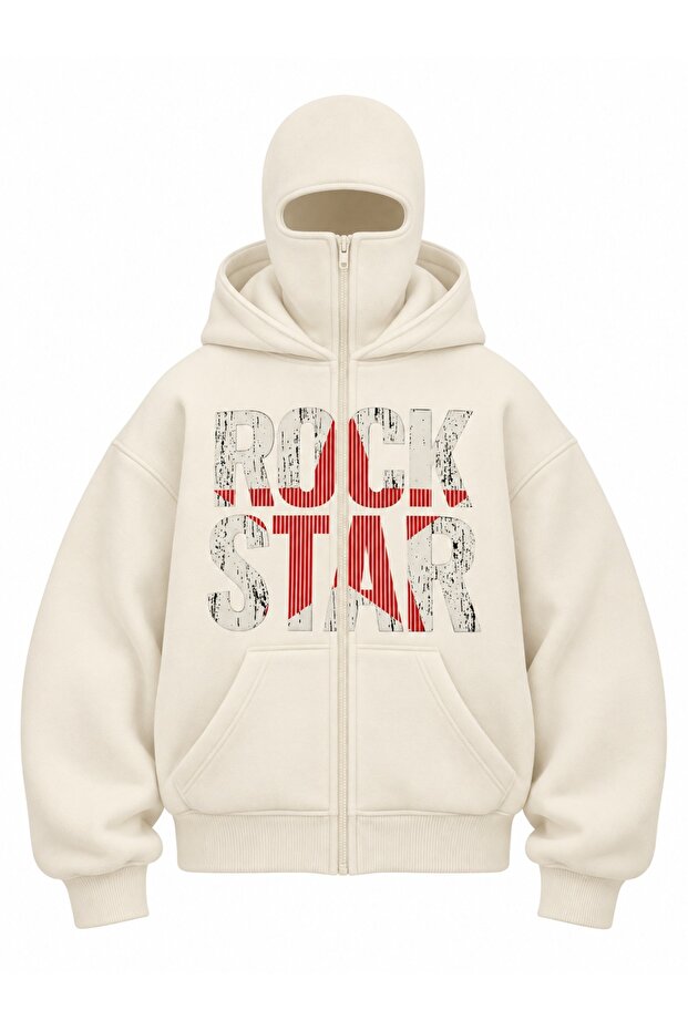 Unisex Hooded Zippered Sweatshirt Oversize 3 Thread White
