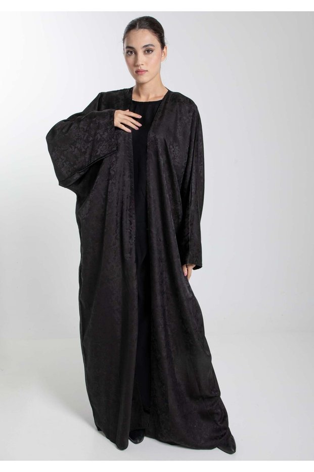 Front Open Black Fukhroo Self Design Abaya