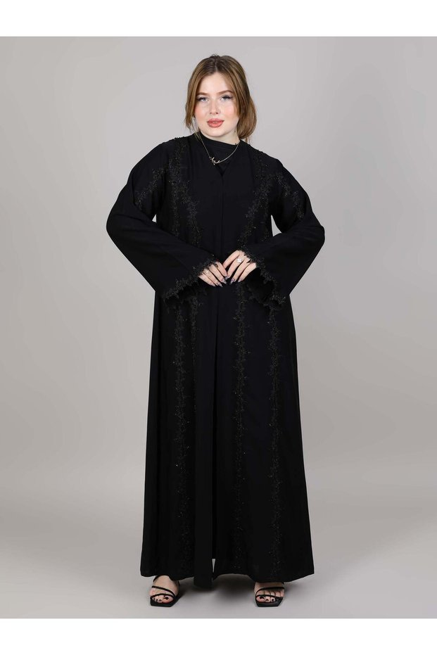 V-Neck Black Nida Embroidered and Lace Abaya