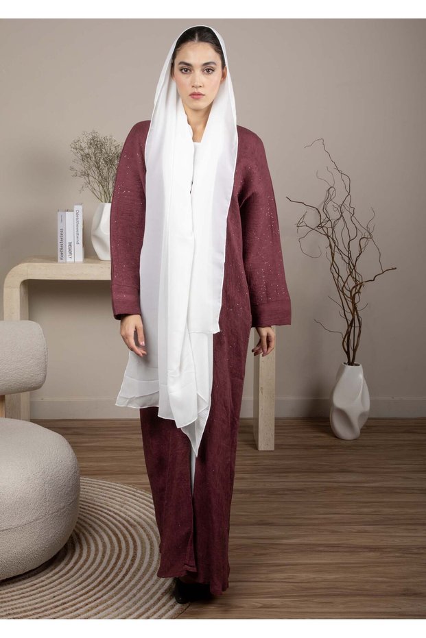 Soft Maroon Lenin Pleated Shimmer Abaya