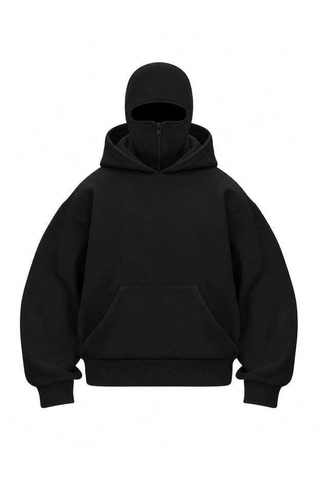 Unisex Black Hooded Zippered Sweatshirt Oversize 3 Thread Rastered