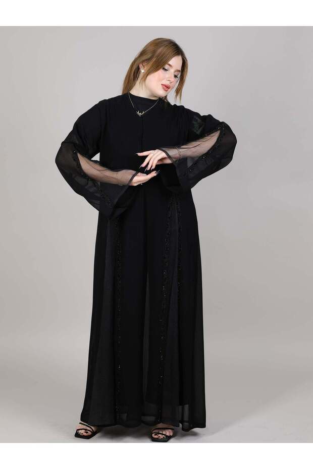 V-Neck Black Organza Embroidered Open Abaya