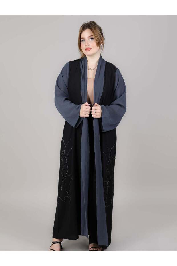 Black And Grey Embroidered Open Abaya