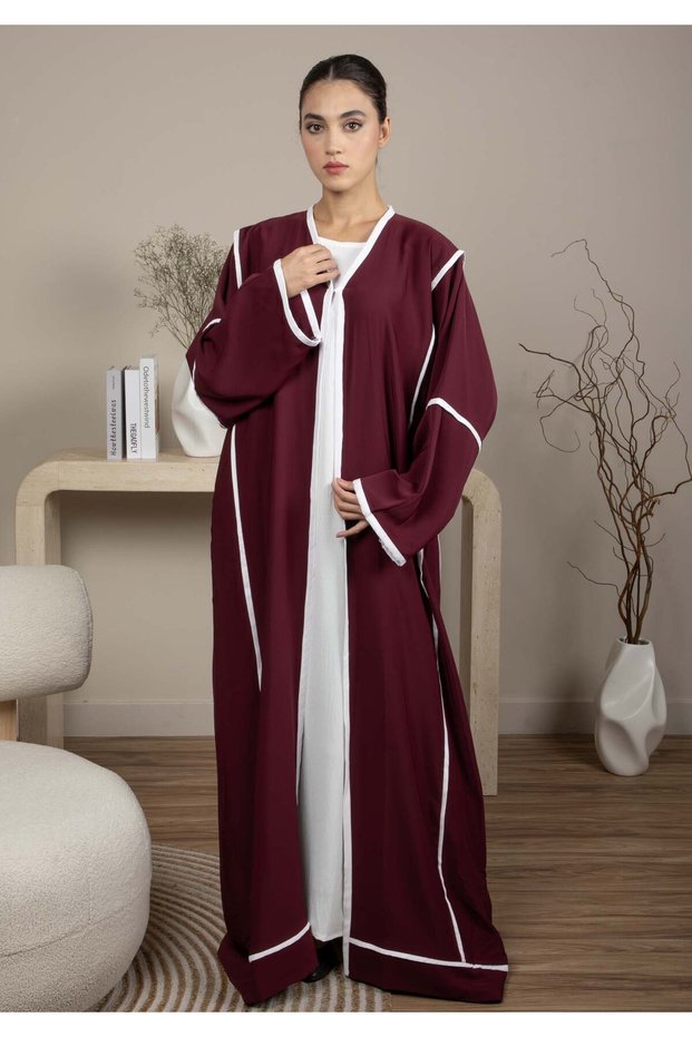 Elegant Front Open Maroon Nida Abaya with White Contrast Piping