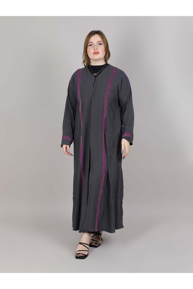 V-Neck Grey Harir Maqsood Open Abaya