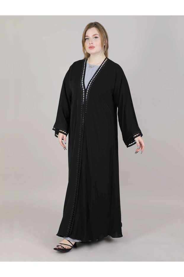 V-Neck Black Nida Laser Cut Open Abaya