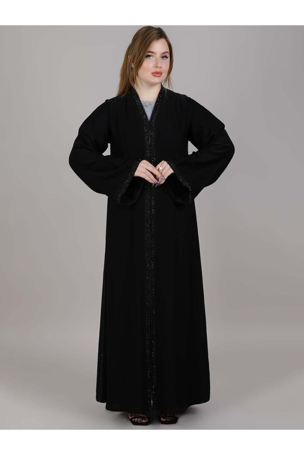 V-Neck Black Nida Embroidered Open Abaya