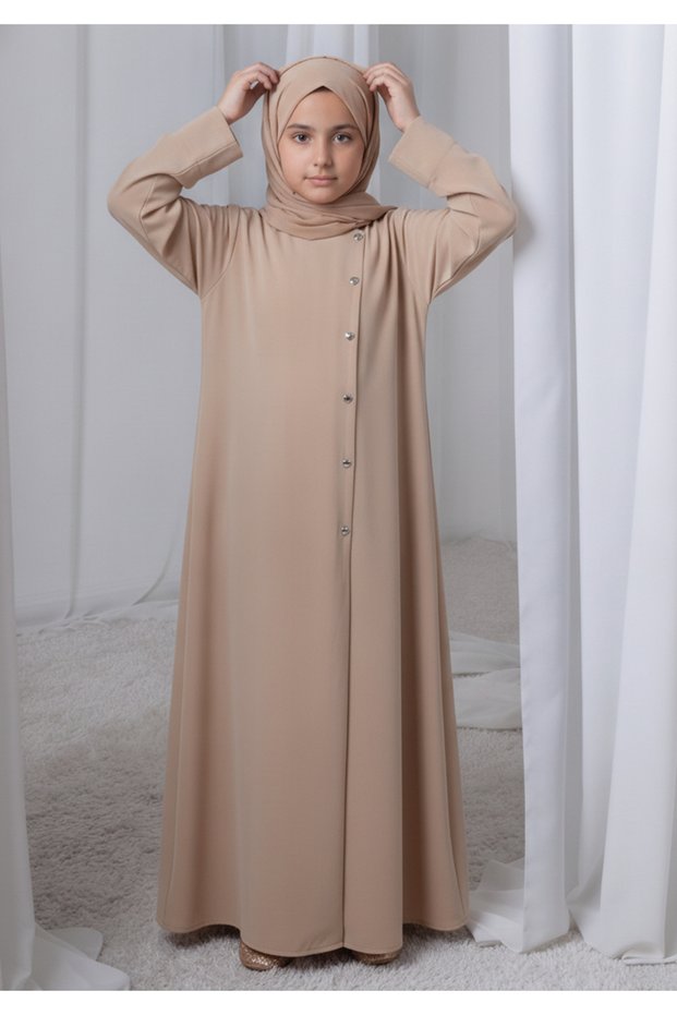 Tan Shade Kids Abaya with Matching Hijab for Girls Korean Nida Fabric Modest Islamic Dress 9 Colors