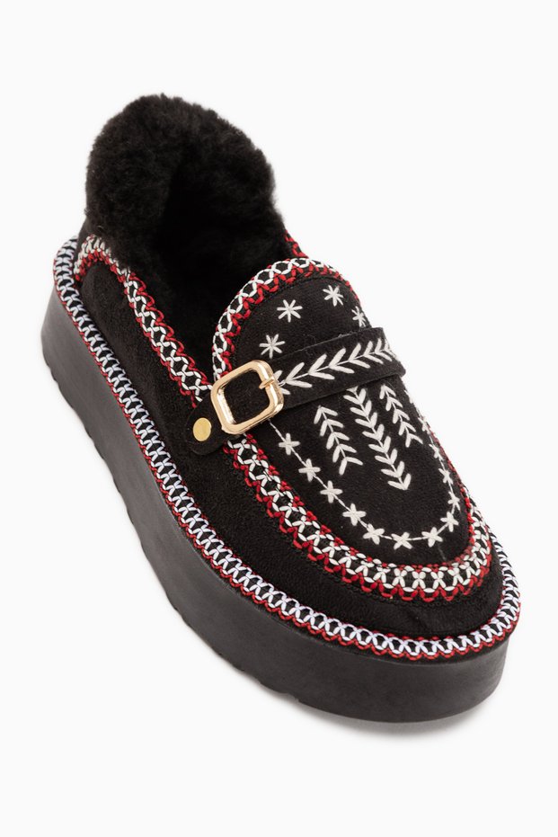 Lexi Black Suede Embroidered Buckle Fur Women's Shoes