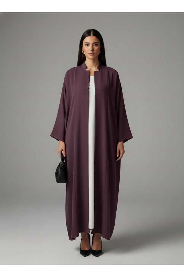 Signature Korean Nida Deep Plum Open Abaya Minimalist High-Neck Design