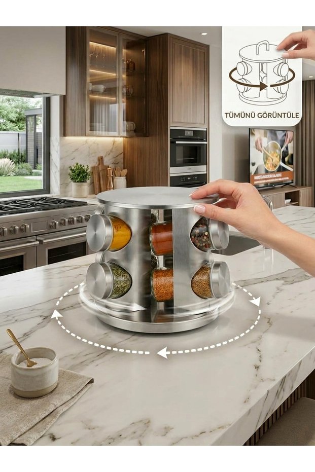 Stainless Steel Spice Rack Set with Rotating Stand - Countertop Rotating Spice Set with Glass Jars and Metal Lids, 9-Piece Set