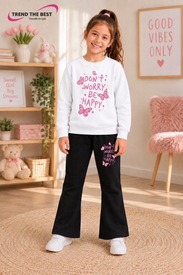 Winter, Spring, and Autumn Girls' Black Spanish Flared Bottoms and White Sweat Top