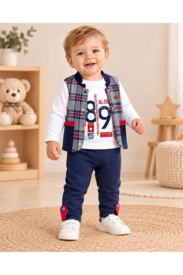 Baby Boy Cotton Plaid Pattern Snap-Back Vest 3-Piece Set Long Sleeve Printed T-Shirt and Pants