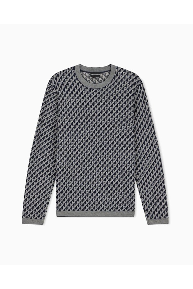 Men's Pure Wool Jacquard Logo Patterned Crew Neck Ribbed Detailed Long Sleeve Navy Blue Sweater