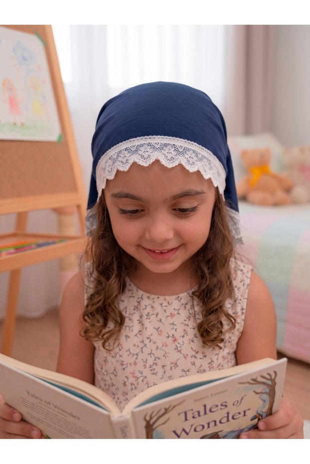Girl's 100% Viscose Lace Triangle Bonnet (2-9 Years) - Flexible, Sweat-Resistant Children's Bonnet for School, Quran Course, and Play - Navy Blue
