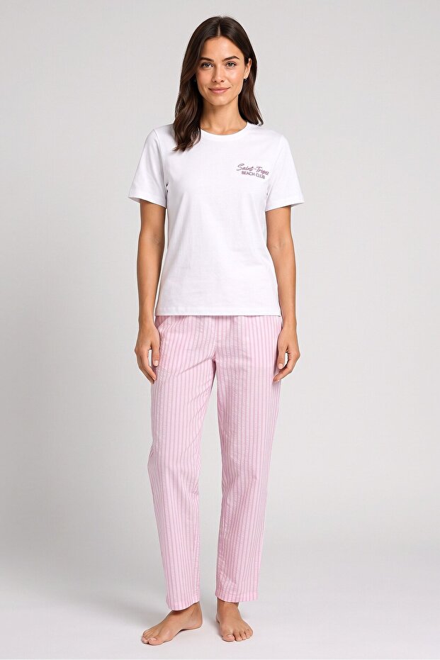 Women 2 Pcs Embroidered Pajama Top And Bottom Set, Multicolor